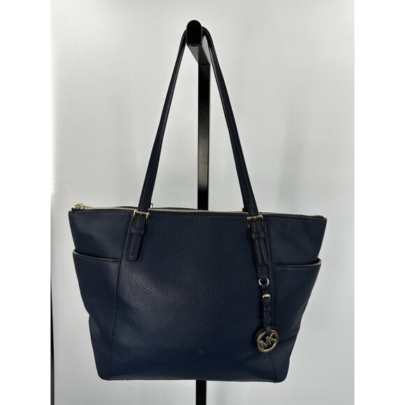 Michael Kors Jet Set Large Navy Pebbled Leather Tote Shoulder Bag Gold - Picture 2 of 7